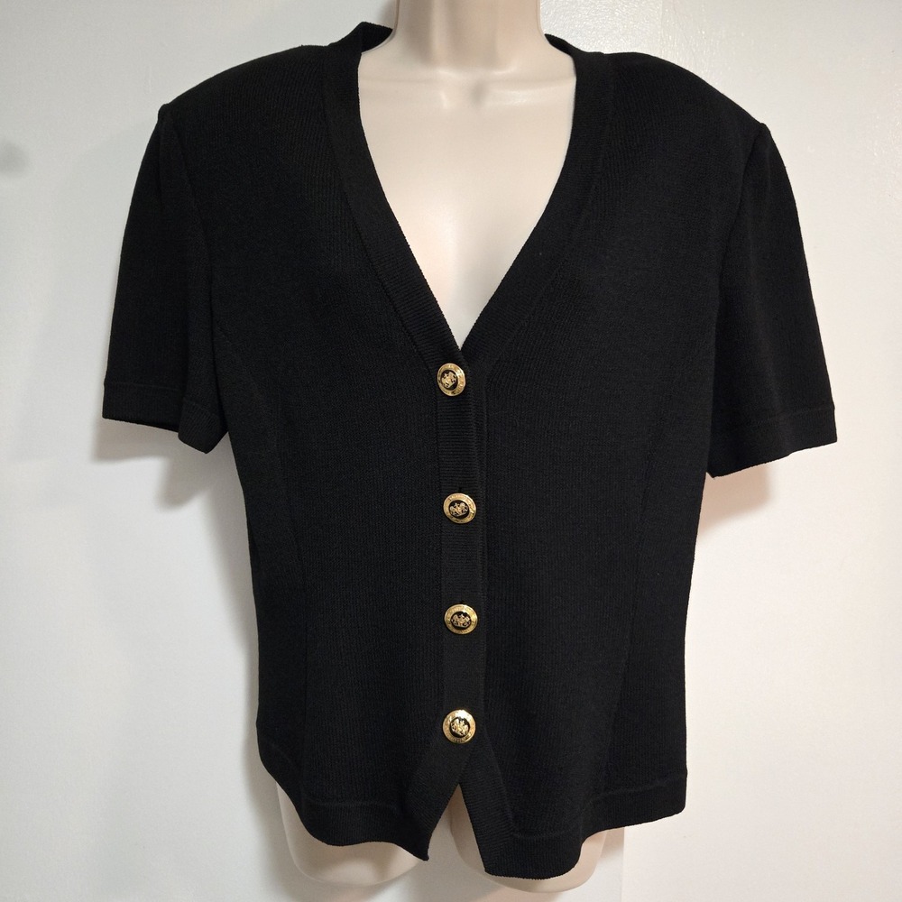 St. John Basics Size L Deep Black Short Sleeve Knit V-neck Button Cardigan Top